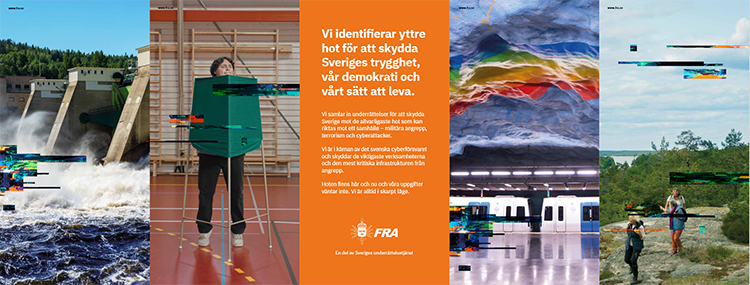 Fem affischer på rad med ett textbudskap i mitten omgivet av bilder på ett vattenkraftverk, ett röstningsbås, tunnelbanestation med regnbågsfärger i taket och människor i natur. 